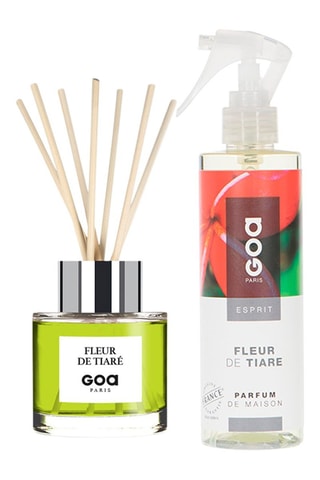 Ambientador de varillas Goatier - Fleur de tiaré - 200 ml y ambientador con vaporizador - Fleur de tiaré - 250 ml + 7 varillas de ratán