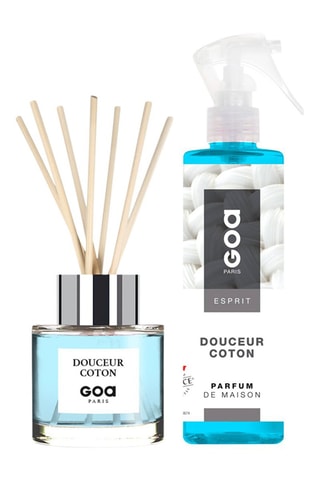 Ambientador de varillas Goatier - Douceur coton - 200 ml y ambientador con vaporizador - Douceur coton - 250 ml + 7 varillas de ratán