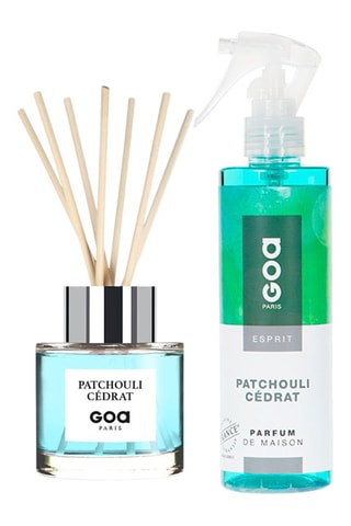 Ambientador de varillas Goatier - Patchouli cédrat - 200 ml y ambientador con vaporizador - Patchouli cédrat - 250 ml + 7 varillas de ratán