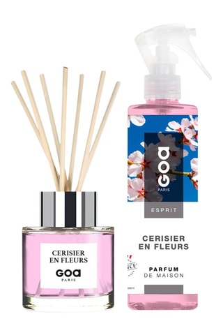Ambientador de varillas Goatier - Cerisier en fleurs - 200 ml y ambientador con vaporizador - Cerisier en fleurs - 250 ml + 7 varillas de ratán