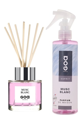 Ambientador de varillas Goatier - Almizcle blanco - 200 ml y ambientador con vaporizador - Almizcle blanco - 250 ml + 7 varillas de ratán