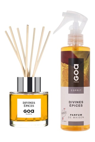 Ambientador de varillas Goatier - Divines épices - 200 ml y ambientador con vaporizador - Divines épices - 250 ml + 7 varillas de ratán