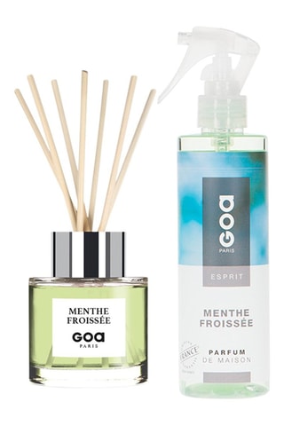 Ambientador de varillas Goatier - Menthe froissée - 200 ml y ambientador con vaporizador - Menthe froissée - 250 ml + 7 varillas de ratán