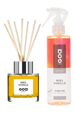 Ambientador de varillas Goatier - Miel et vanille - 200 ml y ambientador con vaporizador - Miel vanille - 250 ml + 7 varillas de ratán