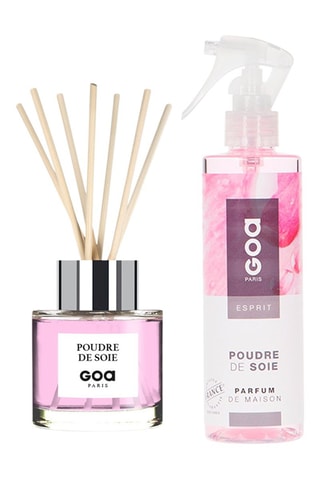 Ambientador de varillas Goatier - Poudre de soie - 200 ml y ambientador con vaporizador - Poudre de soie - 250 ml + 7 varillas de ratán