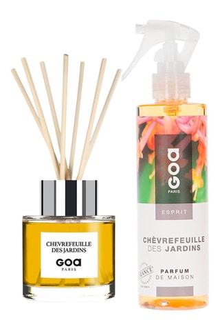 Ambientador de varillas Goatier - Chèvrefeuille des jardins - 200 ml y ambientador con vaporizador - Chèvrefeuille des jardins - 250 ml + 7 varillas de ratán