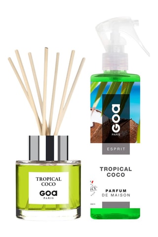 Ambientador de varillas Goatier - Tropical coco - 200 ml y ambientador con vaporizador - Tropical coco - 250 ml + 7 varillas de ratán