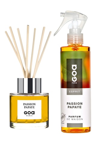 Ambientador de varillas Goatier - Passion papaye - 200 ml y ambientador con vaporizador - Passion papaye - 250 ml + 7 varillas de ratán