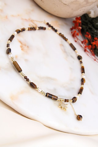 Collana - Placcato oro giallo, occhi di tigre e perle coltivate