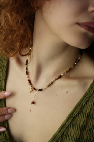 Collana - Placcato oro giallo, occhi di tigre e perle coltivate
