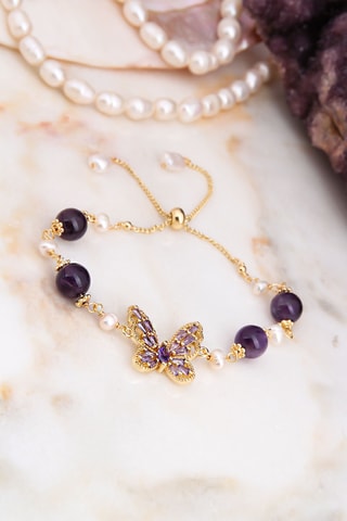 Bracciale - Placcato oro giallo, ametiste, zirconi e perle coltivate