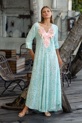 Robe longue Naomi - Blanc, bleu et rose