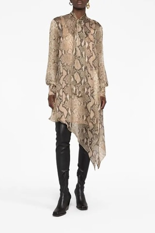 Zijden Blouse-jurk - Zwart, beige en bruin