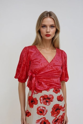 Blusa cruzada de terciopelo - Rojo - Monki