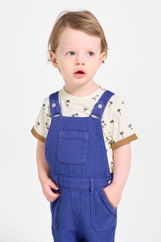 T-shirt et salopette-short - Écru et bleu - Obaibi