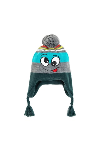 Bonnet aviateur à pompon Gris chiné et turquoise