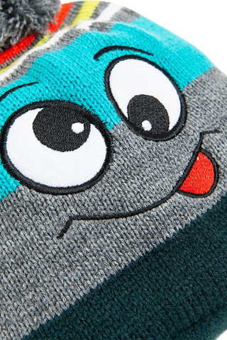 Bonnet aviateur à pompon Gris chiné et turquoise