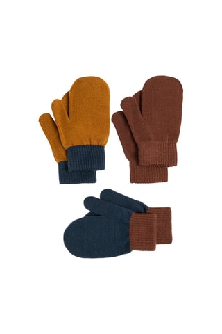 3 paires de moufles 
Marron, bleu et jaune