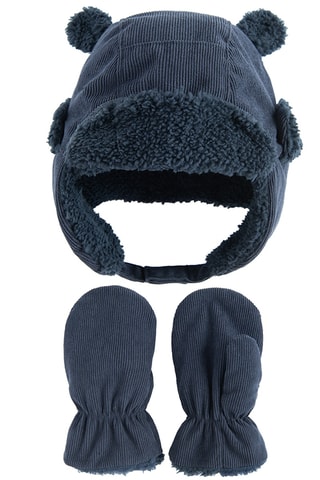 Bonnet aviateur à oreilles et gants en velours - Bleu marine