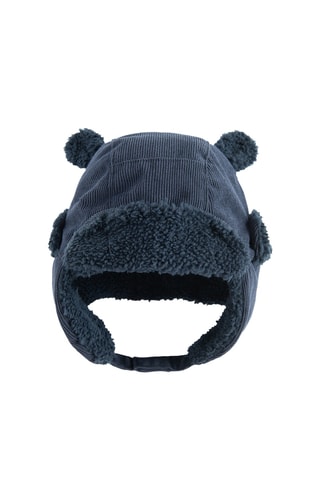 Bonnet aviateur à oreilles et gants en velours - Bleu marine