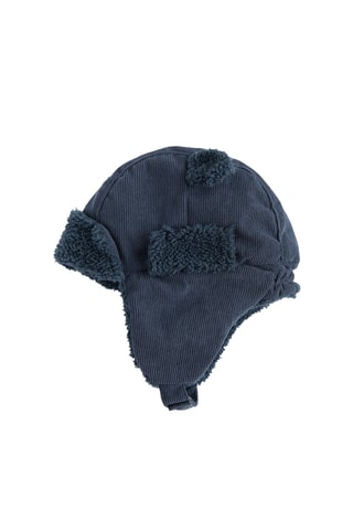 Bonnet aviateur à oreilles et gants en velours - Bleu marine