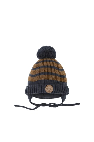 Bonnet aviateur à pompon - Bleu marine et marron foncé