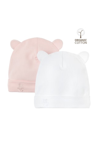 2 bonnets à oreilles en coton biologique - Blanc et rose poudré