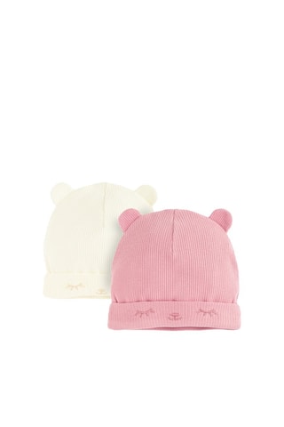 2 bonnets à oreilles - Rose et blanc