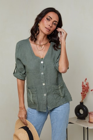Camisa  -  100 % lino - Caqui
