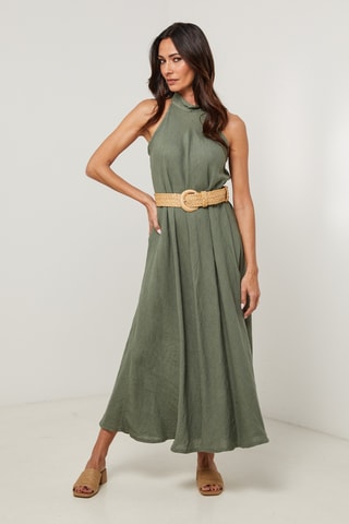 Vestido comprido em linho - Caqui