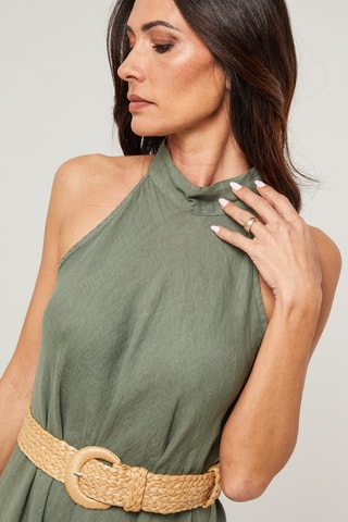Vestido comprido em linho - Caqui