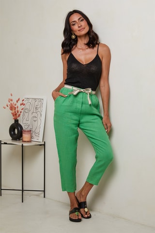 Pantalón 7/8 de tiro alto  -  100 % lino - Verde