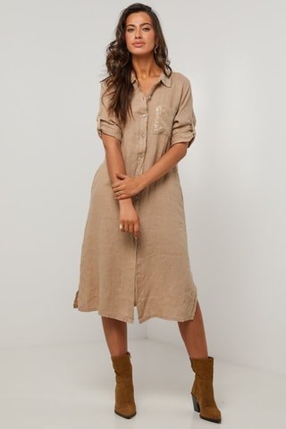 Vestido camisero de lino  -  100 % lino - Marrón