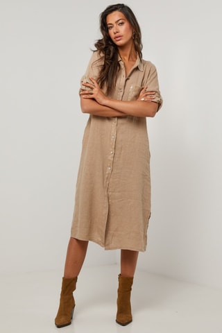 Vestido camisero de lino  -  100 % lino - Marrón