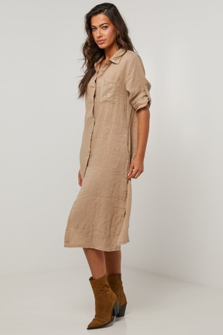 Vestido camisero de lino  -  100 % lino - Marrón