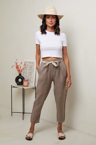 Pantalón 7/8 de tiro alto  -  100 % lino - Beige oscuro
