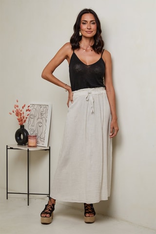 Falda larga de talle alto  -  100 % lino - Beige