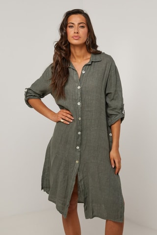 Vestido camisero  -  100 % lino - Caqui