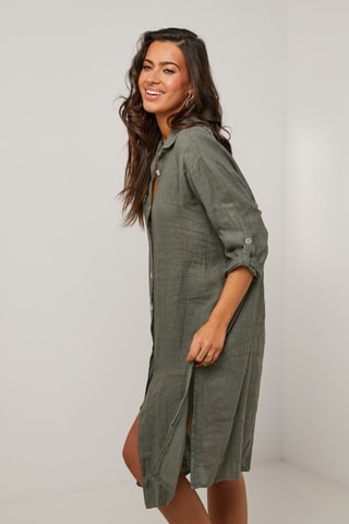 Vestido camisero  -  100 % lino - Caqui