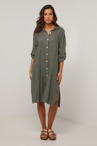 Vestido camisero  -  100 % lino - Caqui