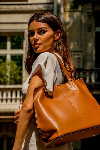 Bolso shopper y bolso de mano de piel Amy - Camel