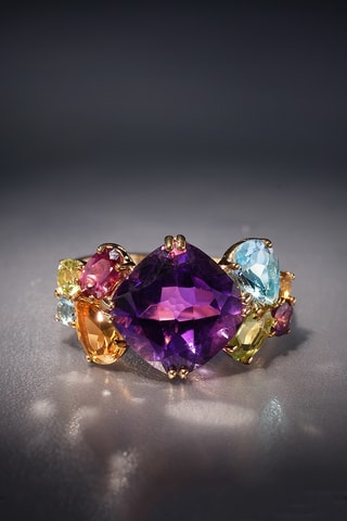 Anillo Color mixte - 
Oro amarillo, amatista, citrinos, peridotos, rodolitas y topacios