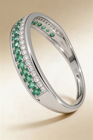 Bague Double voie - Or blanc, diamants et émeraude