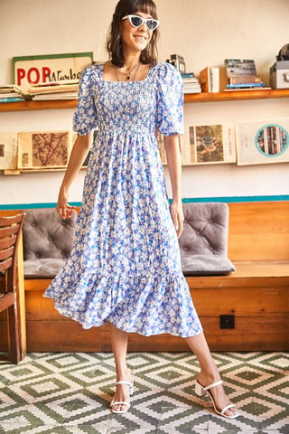 Vestido estilo patinadora - Azul-petróleo e branco - Branco e azul