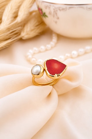 Anello - Placcato oro giallo e corallo