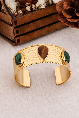 Bracciale a polsiera - Placcato oro giallo, agate e occhio di tigre