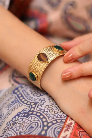 Bracciale a polsiera - Placcato oro giallo, agate e occhio di tigre
