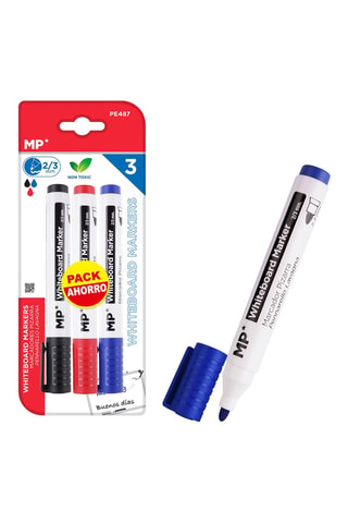 3 marcadores para quadro branco - Tinta azul, vermelha e preta