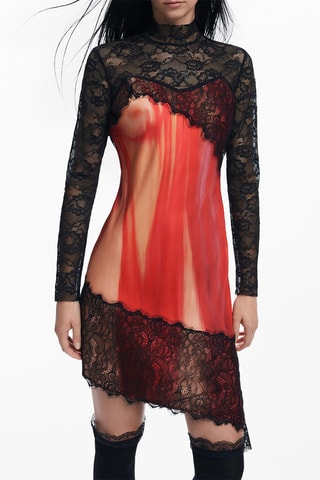 Robe droite - Noir, beige et rouge