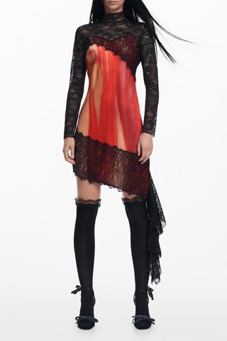 Robe droite - Noir, beige et rouge